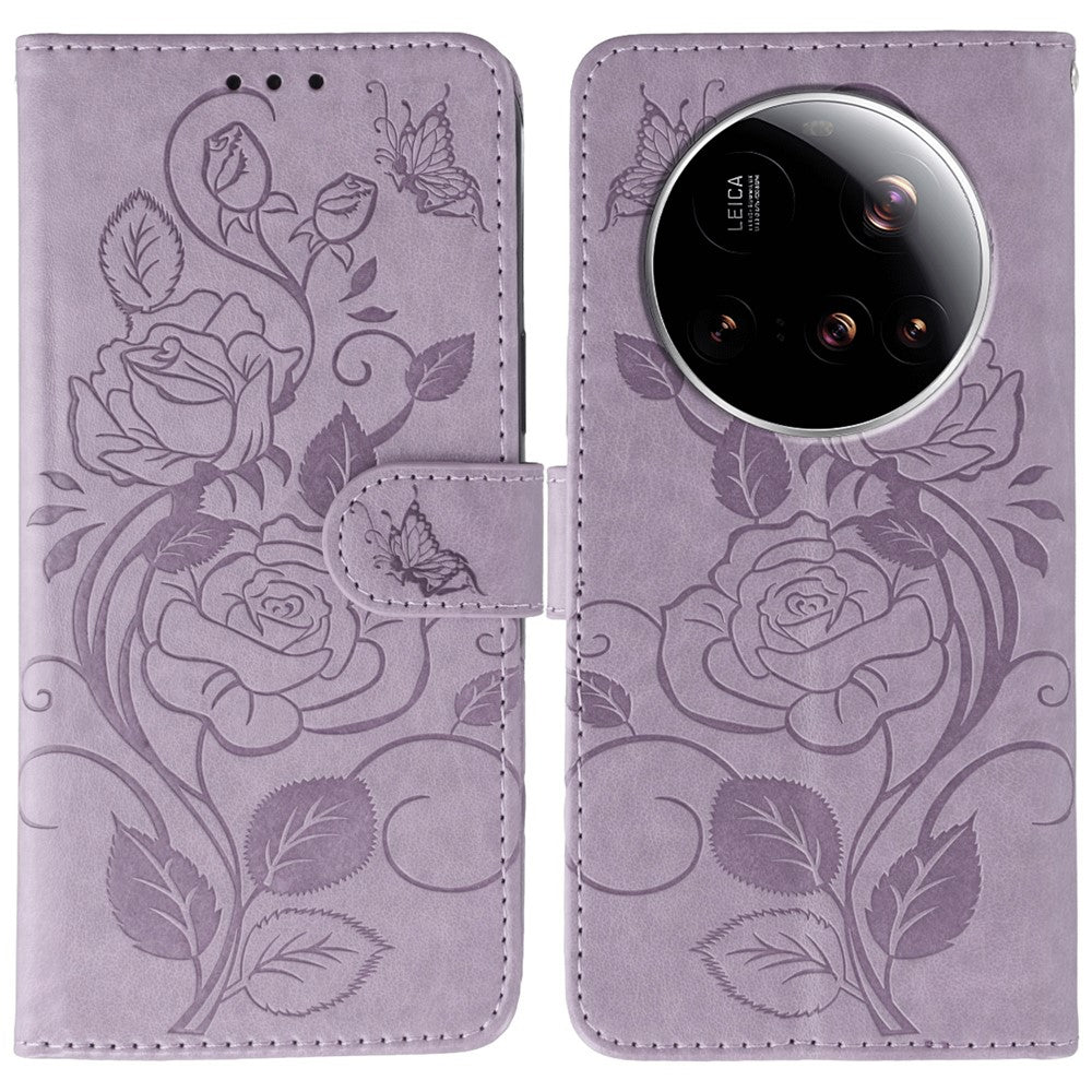 For Xiaomi 15 Ultra Case Wallet Stand Imprinted Rose Butterfly PU Leather Phone Cover