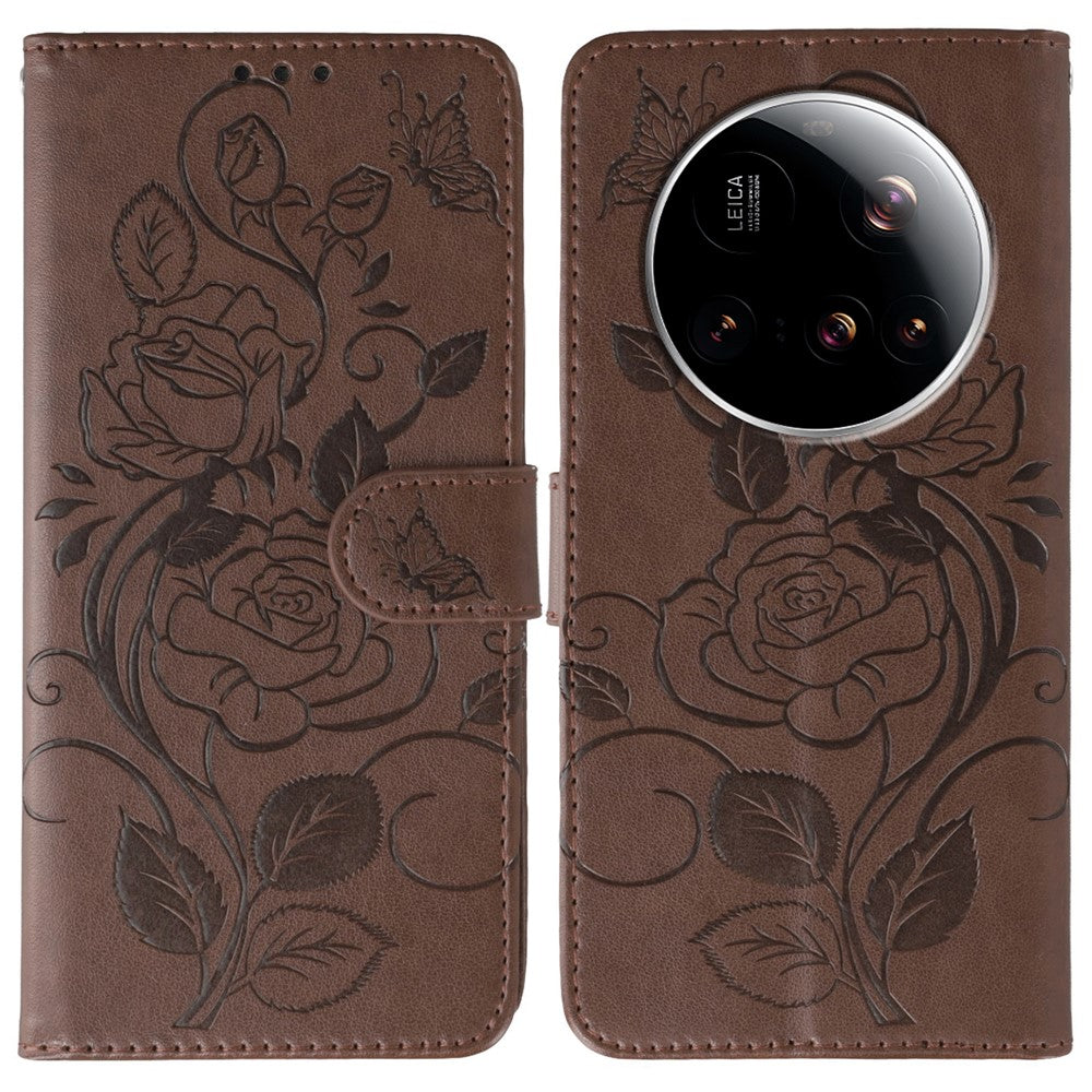 For Xiaomi 15 Ultra Case Wallet Stand Imprinted Rose Butterfly PU Leather Phone Cover