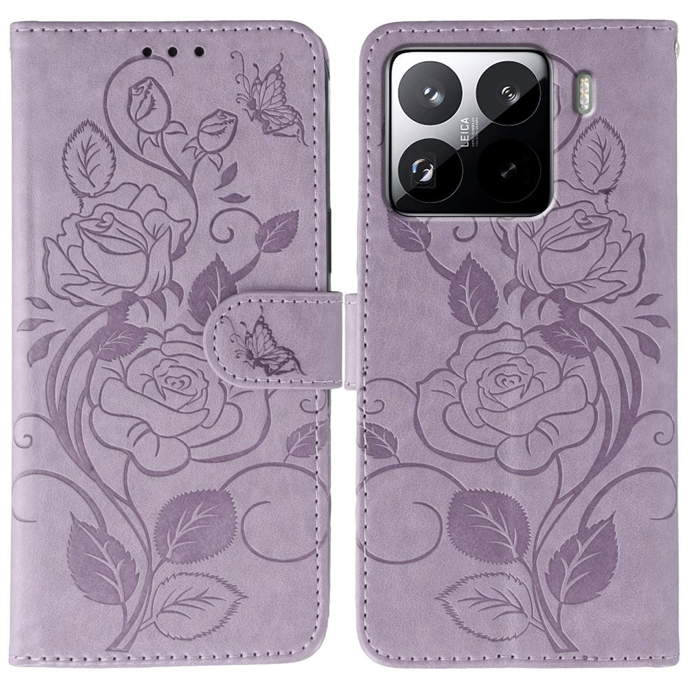For Xiaomi 15 Pro Case Wallet Stand Imprinted Rose Butterfly PU Leather Phone Cover