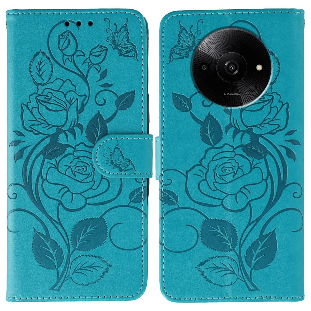For Xiaomi Poco C61 4G / Redmi A3 4G Case Wallet Stand Imprinted Rose Butterfly PU Leather Phone Cover