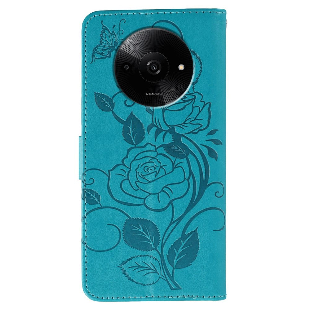 For Xiaomi Poco C61 4G / Redmi A3 4G Case Wallet Stand Imprinted Rose Butterfly PU Leather Phone Cover
