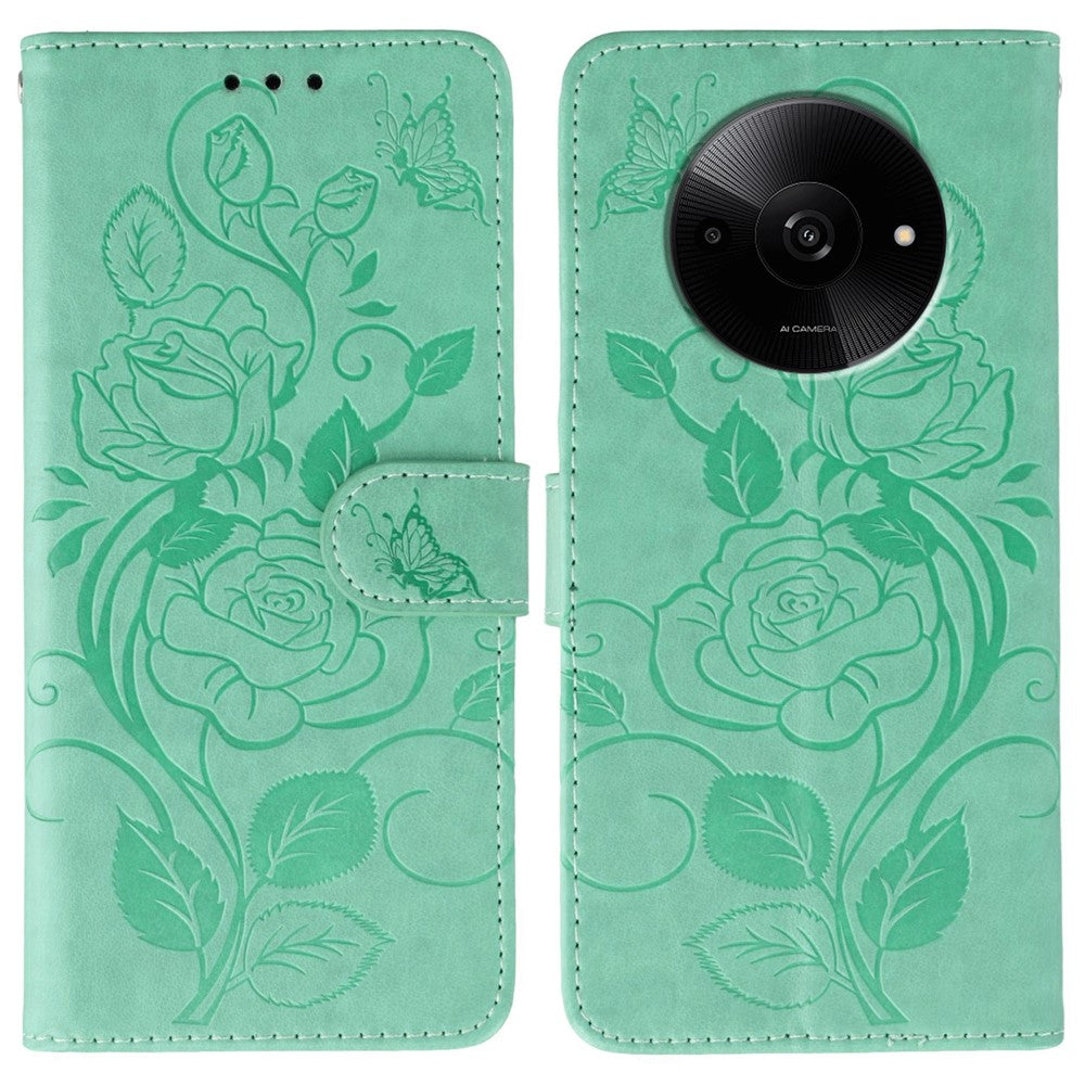 For Xiaomi Poco C61 4G / Redmi A3 4G Case Wallet Stand Imprinted Rose Butterfly PU Leather Phone Cover