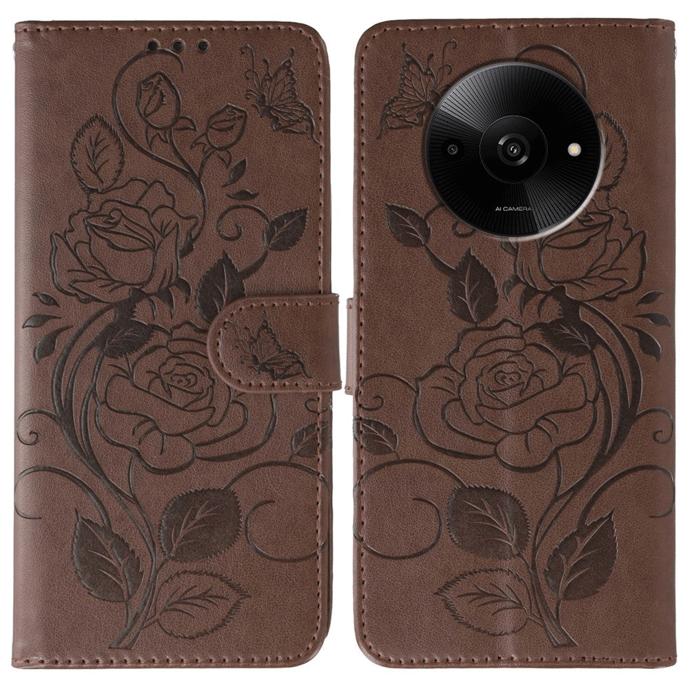 For Xiaomi Poco C61 4G / Redmi A3 4G Case Wallet Stand Imprinted Rose Butterfly PU Leather Phone Cover