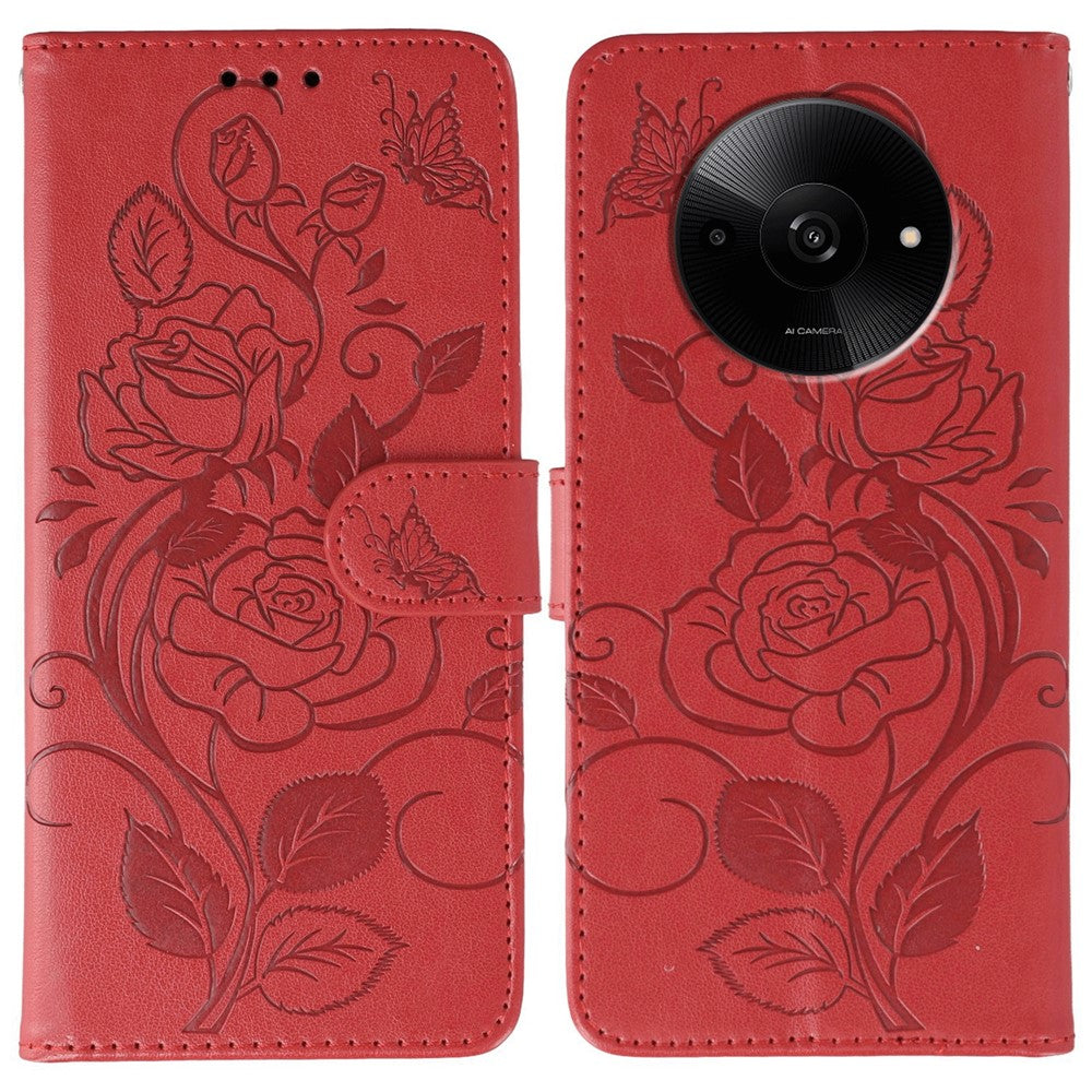For Xiaomi Poco C61 4G / Redmi A3 4G Case Wallet Stand Imprinted Rose Butterfly PU Leather Phone Cover