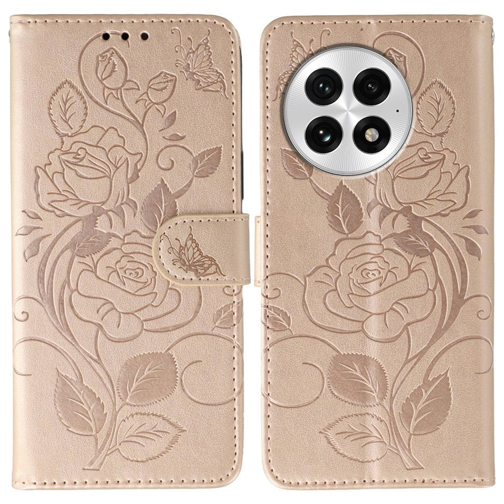 OnePlus 13-skal med plånboksfodral, präglat rosa fjärilsmönster i PU-läder