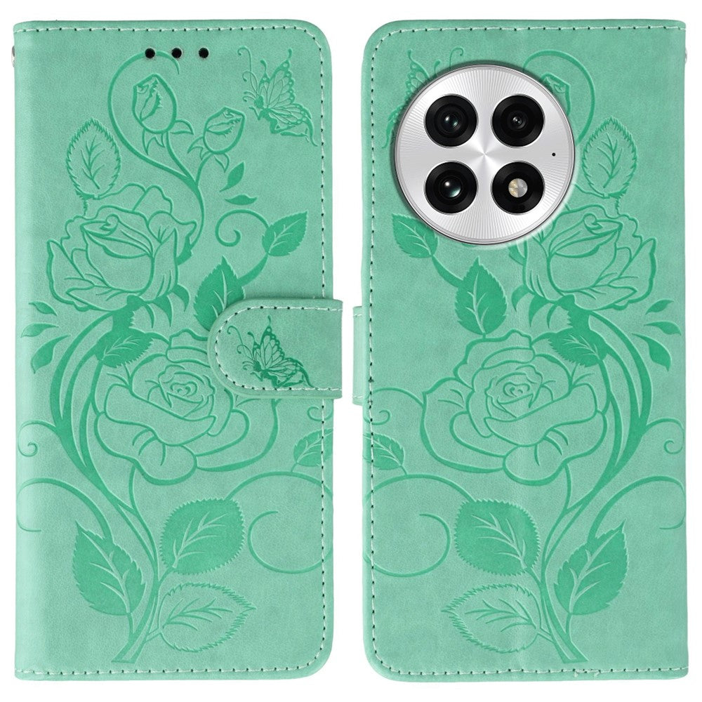 OnePlus 13-skal med plånboksfodral, präglat rosa fjärilsmönster i PU-läder