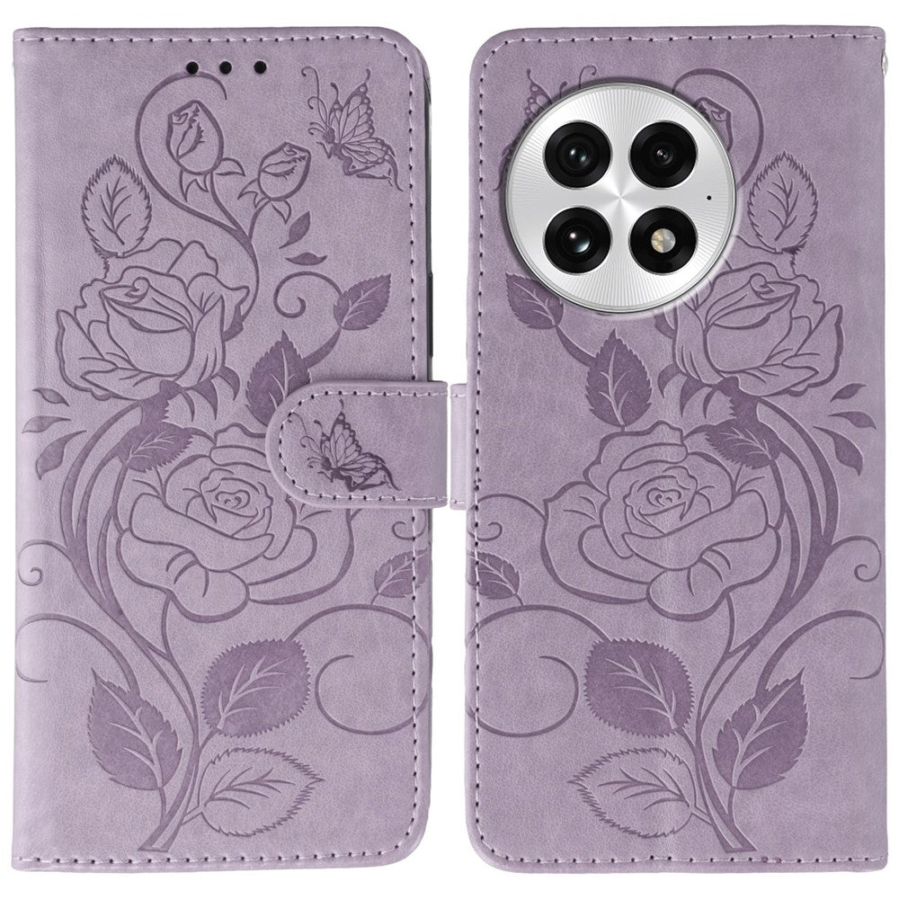 OnePlus 13-skal med plånboksfodral, präglat rosa fjärilsmönster i PU-läder