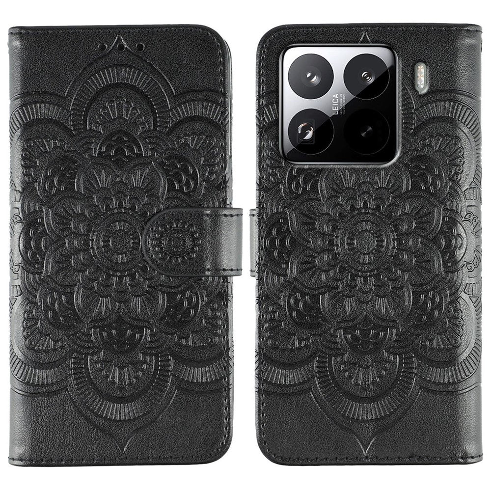 Xiaomi 15 Pro-skal i PU-läder med mandala-präglad design, plånboksfodral