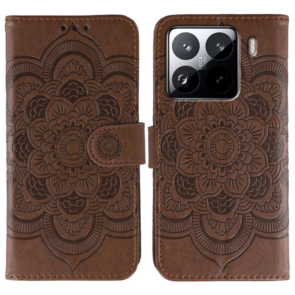 Xiaomi 15 Pro-skal i PU-läder med mandala-präglad design, plånboksfodral