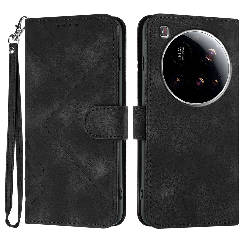 For Xiaomi 15 Ultra Wallet Case Line Imprinted PU Leather Phone Cover with Strap