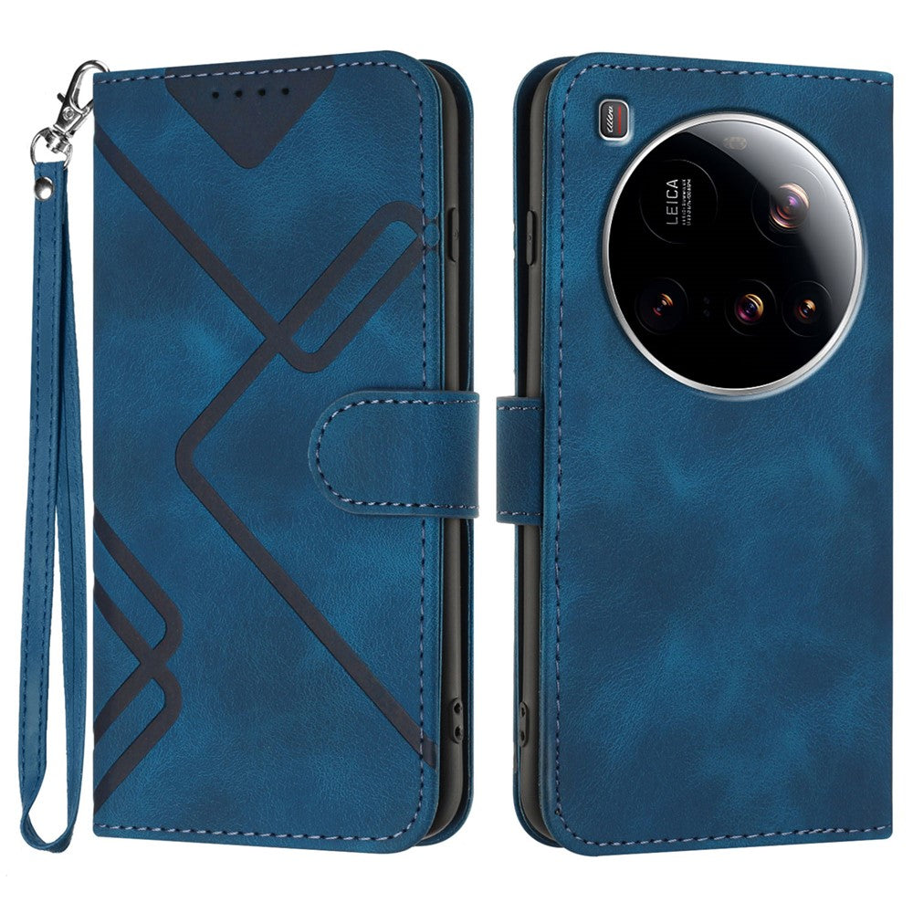 For Xiaomi 15 Ultra Wallet Case Line Imprinted PU Leather Phone Cover with Strap