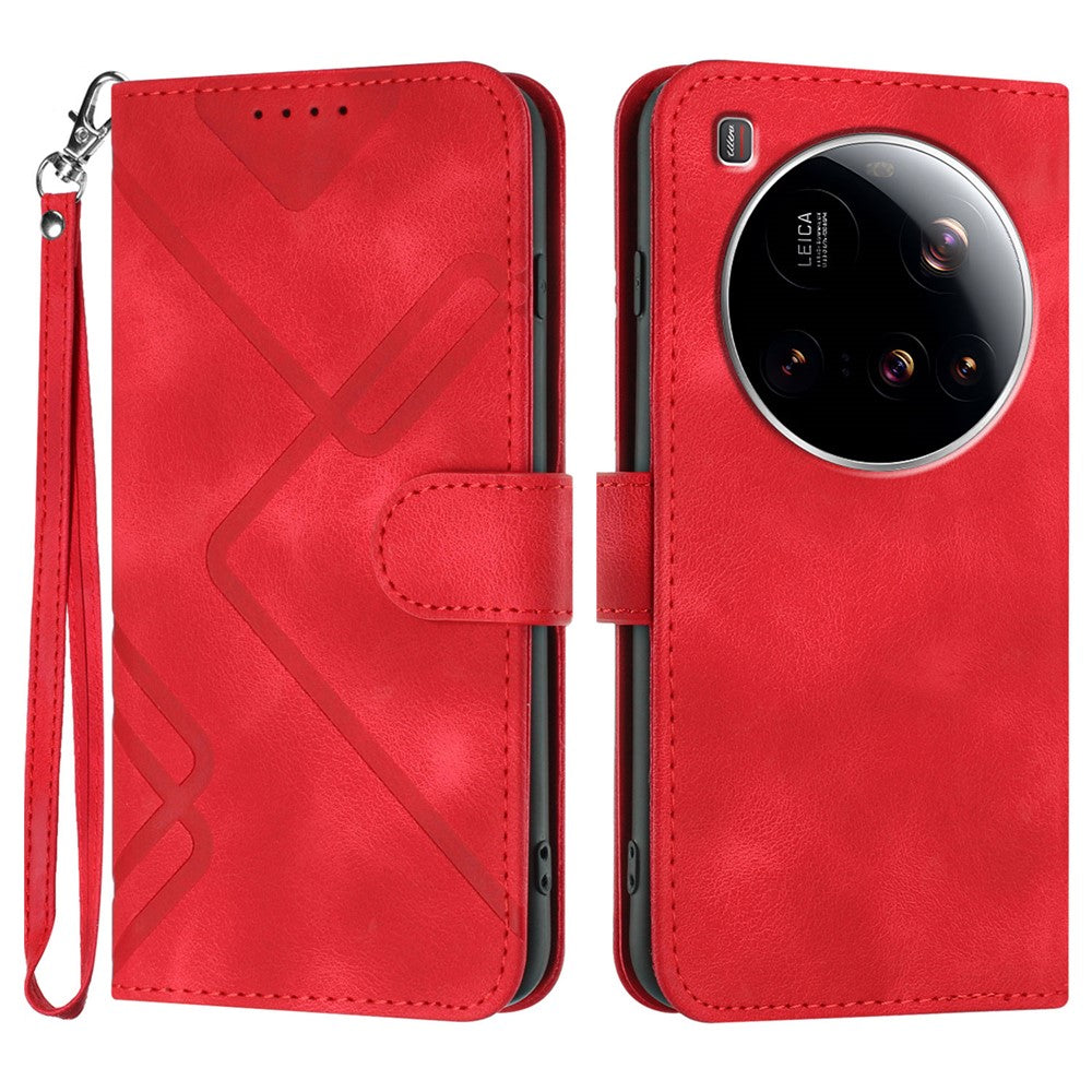 For Xiaomi 15 Ultra Wallet Case Line Imprinted PU Leather Phone Cover with Strap