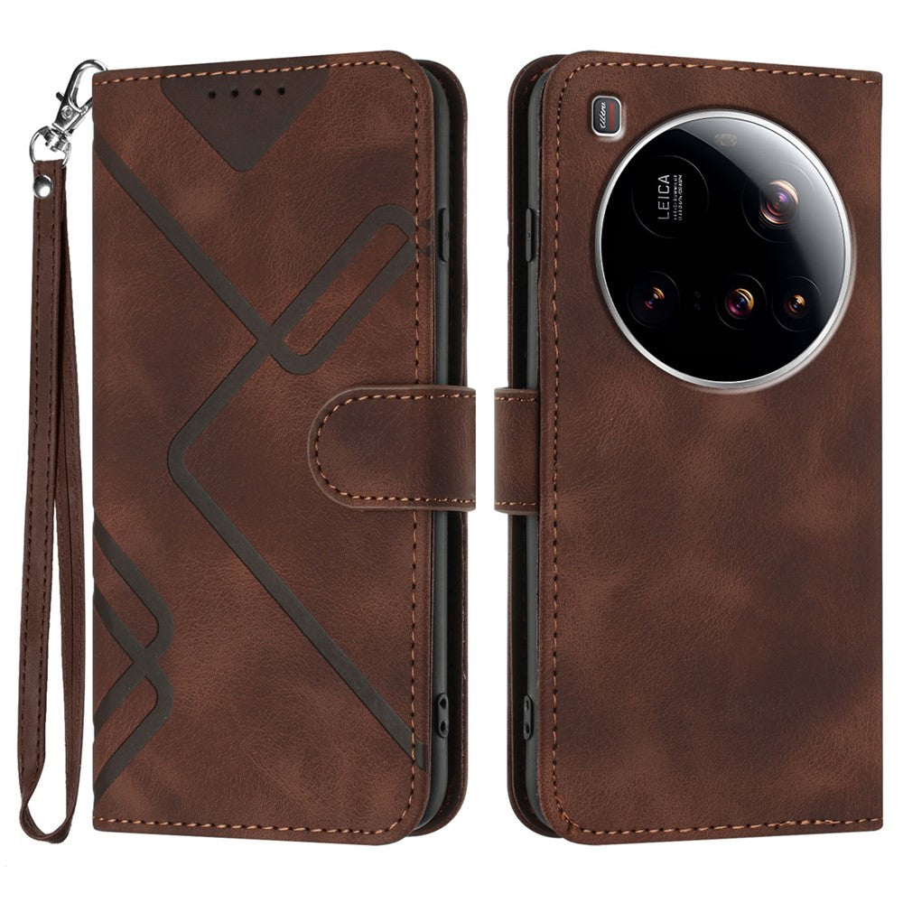 For Xiaomi 15 Ultra Wallet Case Line Imprinted PU Leather Phone Cover with Strap