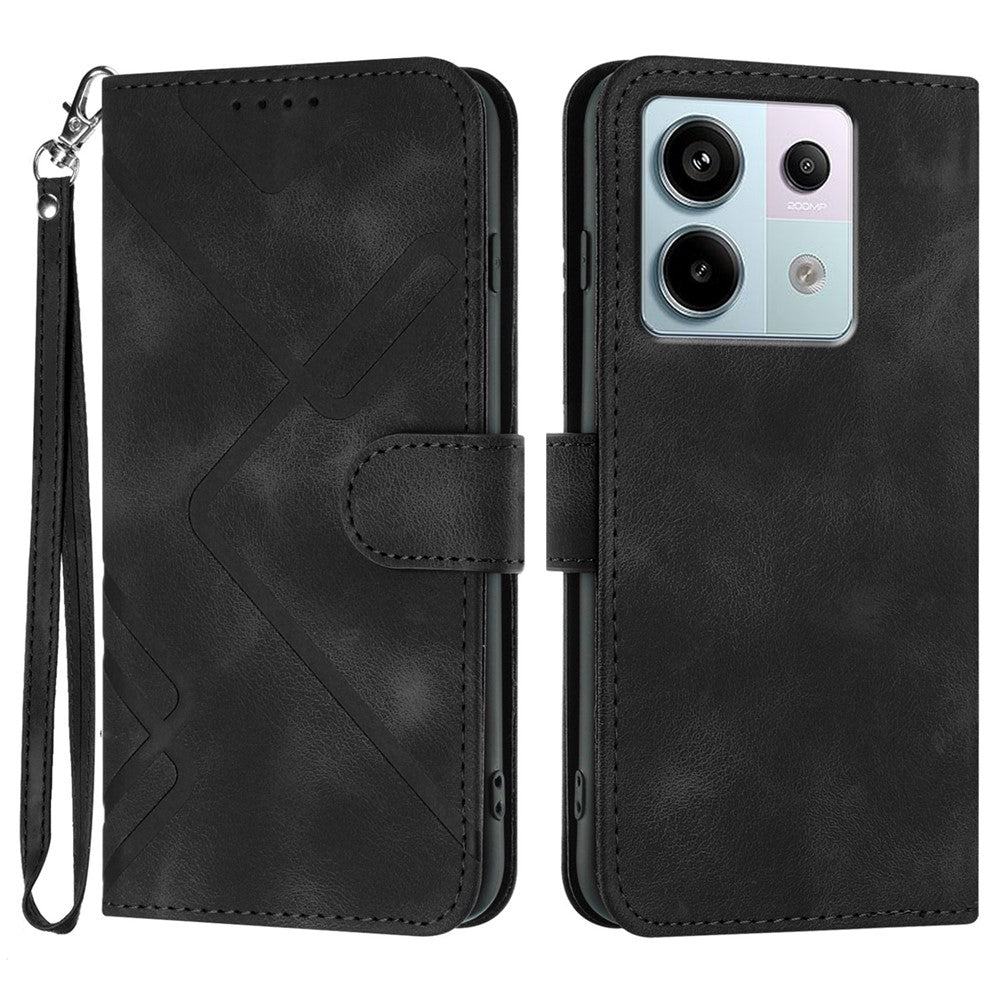 For Xiaomi Poco X6 5G / Xiaomi Redmi Note 13 Pro 5G Wallet Case Line Imprinted PU Leather Phone Cover with Strap