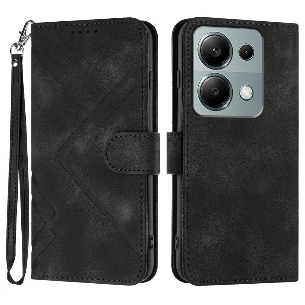 Xiaomi Poco M6 Pro 4G / Xiaomi Redmi Note 13 Pro 4G Plånboksfodral Linjepräglat PU-lädermobilskal med rem