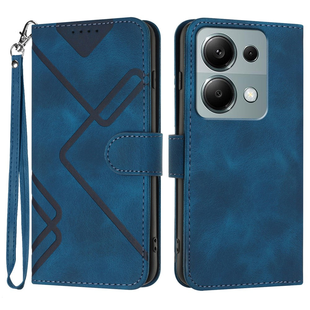 For Xiaomi Poco M6 Pro 4G / Xiaomi Redmi Note 13 Pro 4G Wallet Case Line Imprinted PU Leather Phone Cover with Strap