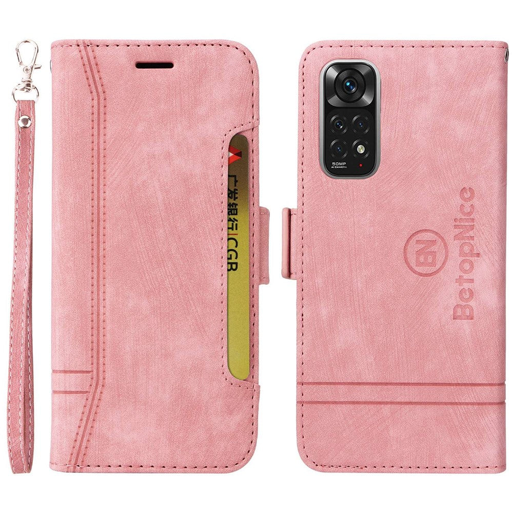 BETOPNICE 001 For Xiaomi Redmi Note 11 4G (Qualcomm) / Note 11S 4G Imprinted Stitching Line Full Protection Stand Case PU Leather Wallet Cover with Strap