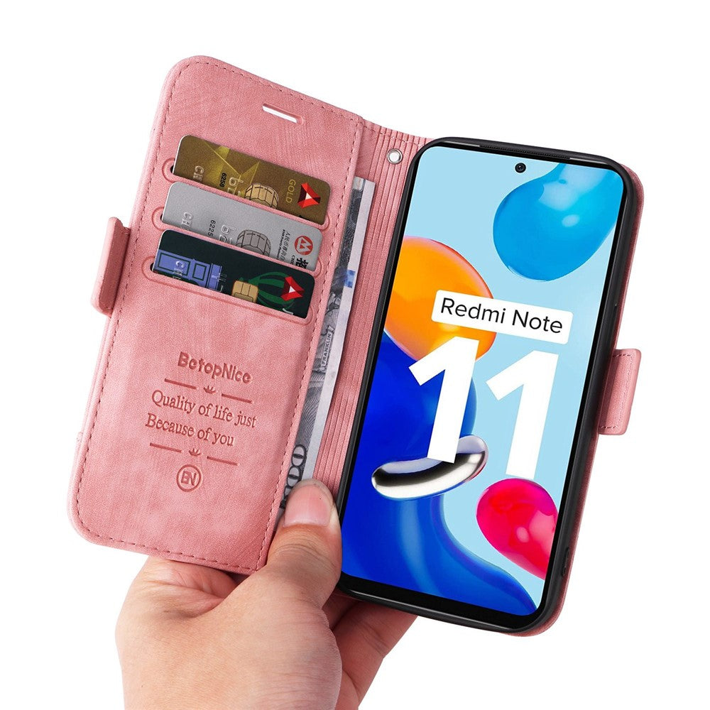 BETOPNICE 001 For Xiaomi Redmi Note 11 4G (Qualcomm) / Note 11S 4G Imprinted Stitching Line Full Protection Stand Case PU Leather Wallet Cover with Strap