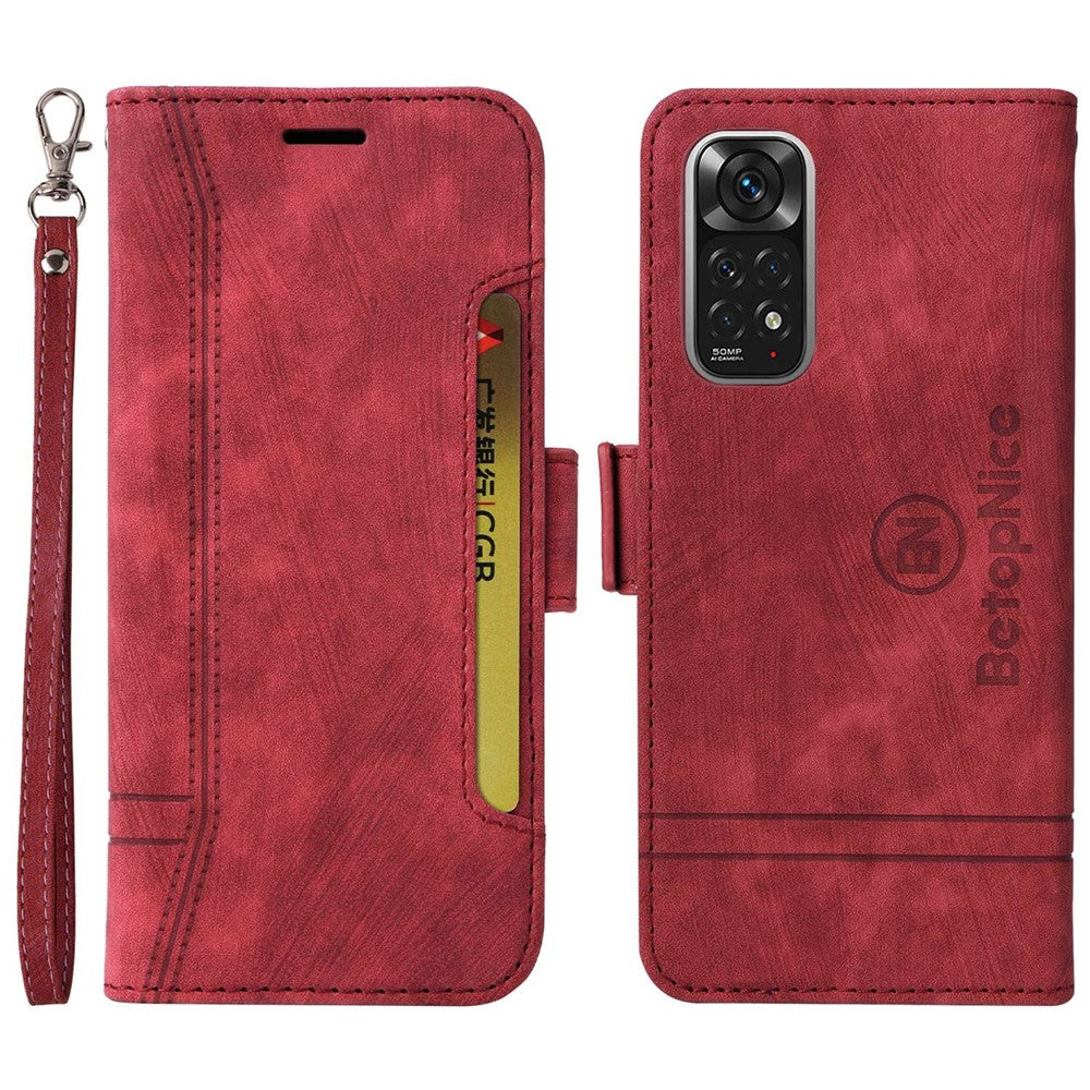 BETOPNICE 001 For Xiaomi Redmi Note 11 4G (Qualcomm) / Note 11S 4G Imprinted Stitching Line Full Protection Stand Case PU Leather Wallet Cover with Strap