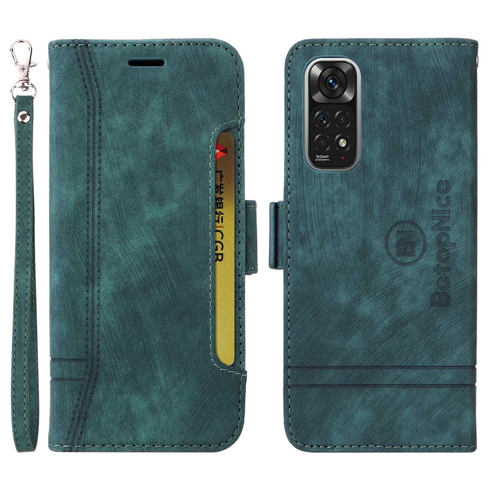 BETOPNICE 001 For Xiaomi Redmi Note 11 4G (Qualcomm) / Note 11S 4G Imprinted Stitching Line Full Protection Stand Case PU Leather Wallet Cover with Strap