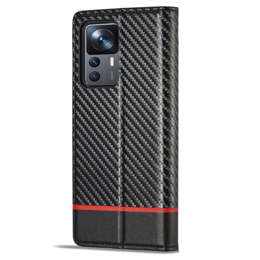 LC.IMEEKE Fallskyddande mobilskal för Xiaomi 12T 5G / Redmi K50 Ultra 5G / 12T Pro 5G, kolfiberstruktur plånboksfodral magnetiskt automatiskt stängande PU-läder mobilmobilskal
