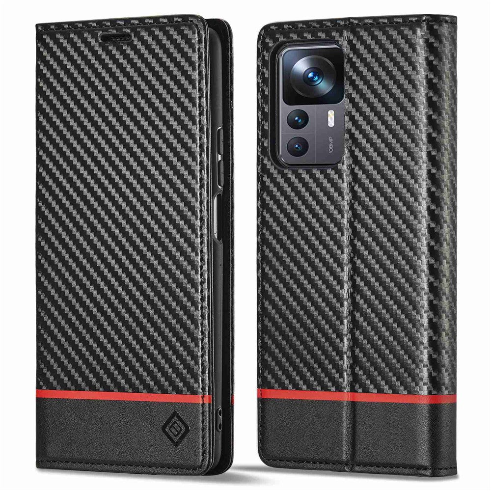 LC.IMEEKE Fallskyddande mobilskal för Xiaomi 12T 5G / Redmi K50 Ultra 5G / 12T Pro 5G, kolfiberstruktur plånboksfodral magnetiskt automatiskt stängande PU-läder mobilmobilskal