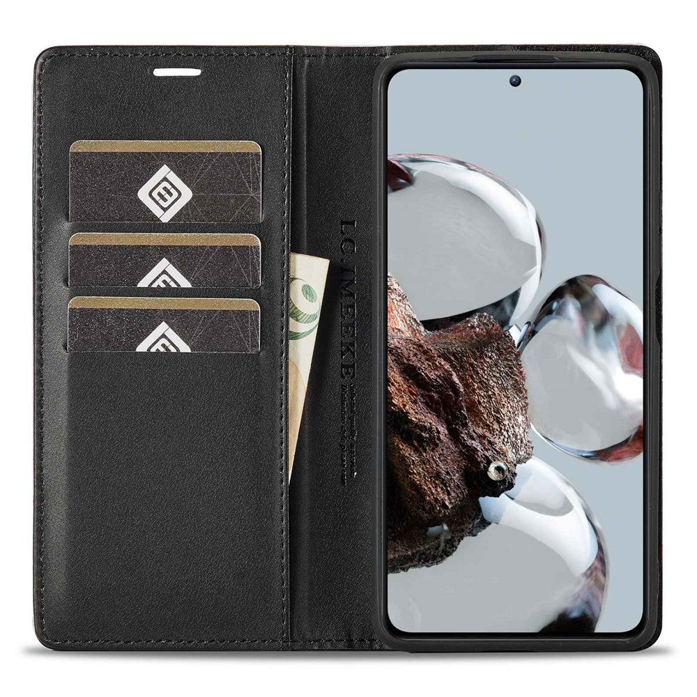 LC.IMEEKE Fallskyddande mobilskal för Xiaomi 12T 5G / Redmi K50 Ultra 5G / 12T Pro 5G, kolfiberstruktur plånboksfodral magnetiskt automatiskt stängande PU-läder mobilmobilskal