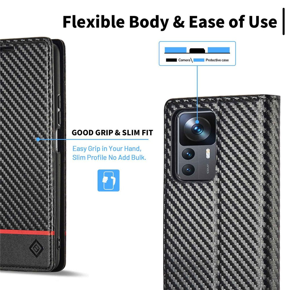 LC.IMEEKE Fallskyddande mobilskal för Xiaomi 12T 5G / Redmi K50 Ultra 5G / 12T Pro 5G, kolfiberstruktur plånboksfodral magnetiskt automatiskt stängande PU-läder mobilmobilskal