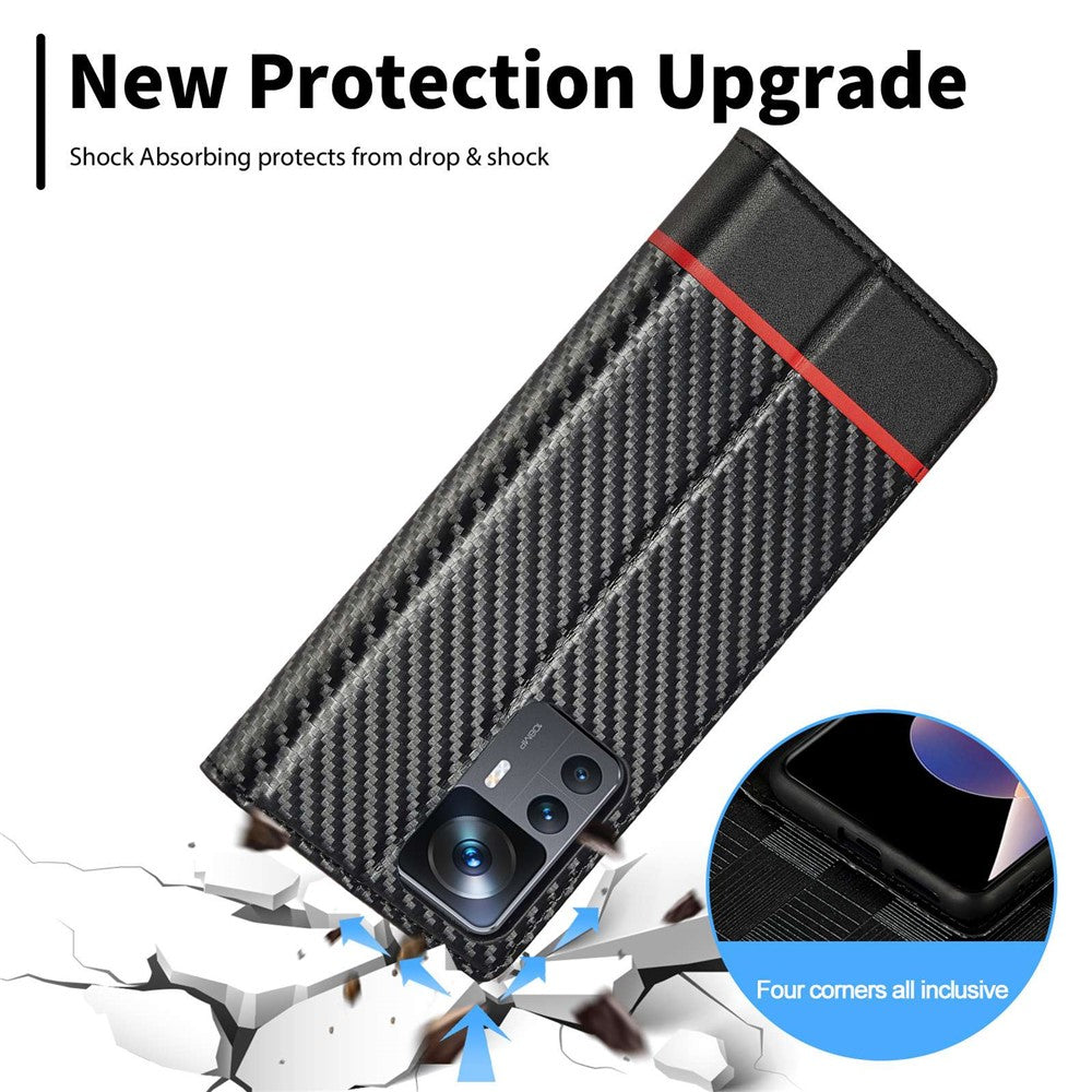 LC.IMEEKE Fallskyddande mobilskal för Xiaomi 12T 5G / Redmi K50 Ultra 5G / 12T Pro 5G, kolfiberstruktur plånboksfodral magnetiskt automatiskt stängande PU-läder mobilmobilskal