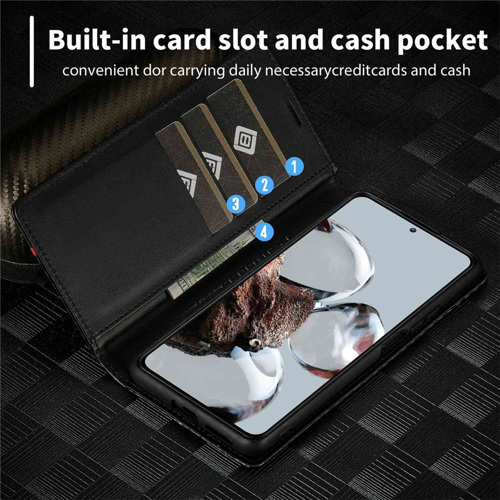 LC.IMEEKE Fallskyddande mobilskal för Xiaomi 12T 5G / Redmi K50 Ultra 5G / 12T Pro 5G, kolfiberstruktur plånboksfodral magnetiskt automatiskt stängande PU-läder mobilmobilskal