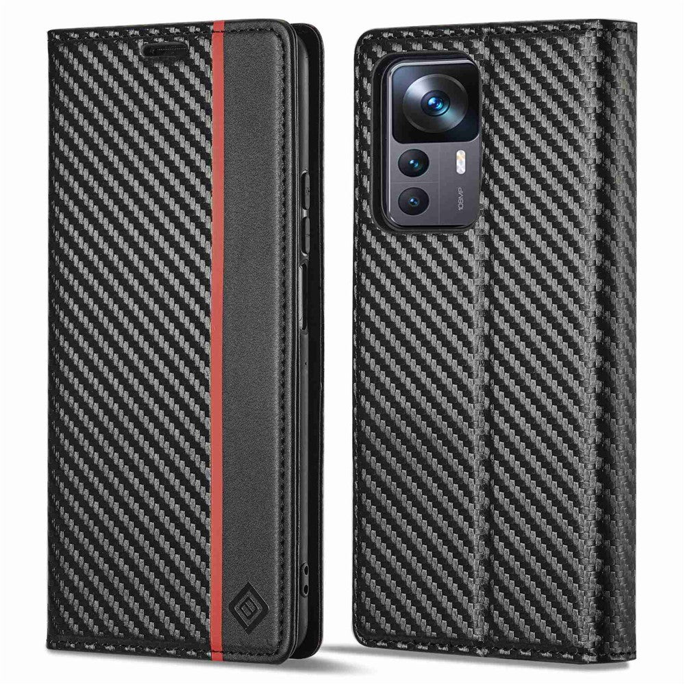LC.IMEEKE Fallskyddande mobilskal för Xiaomi 12T 5G / Redmi K50 Ultra 5G / 12T Pro 5G, kolfiberstruktur plånboksfodral magnetiskt automatiskt stängande PU-läder mobilmobilskal