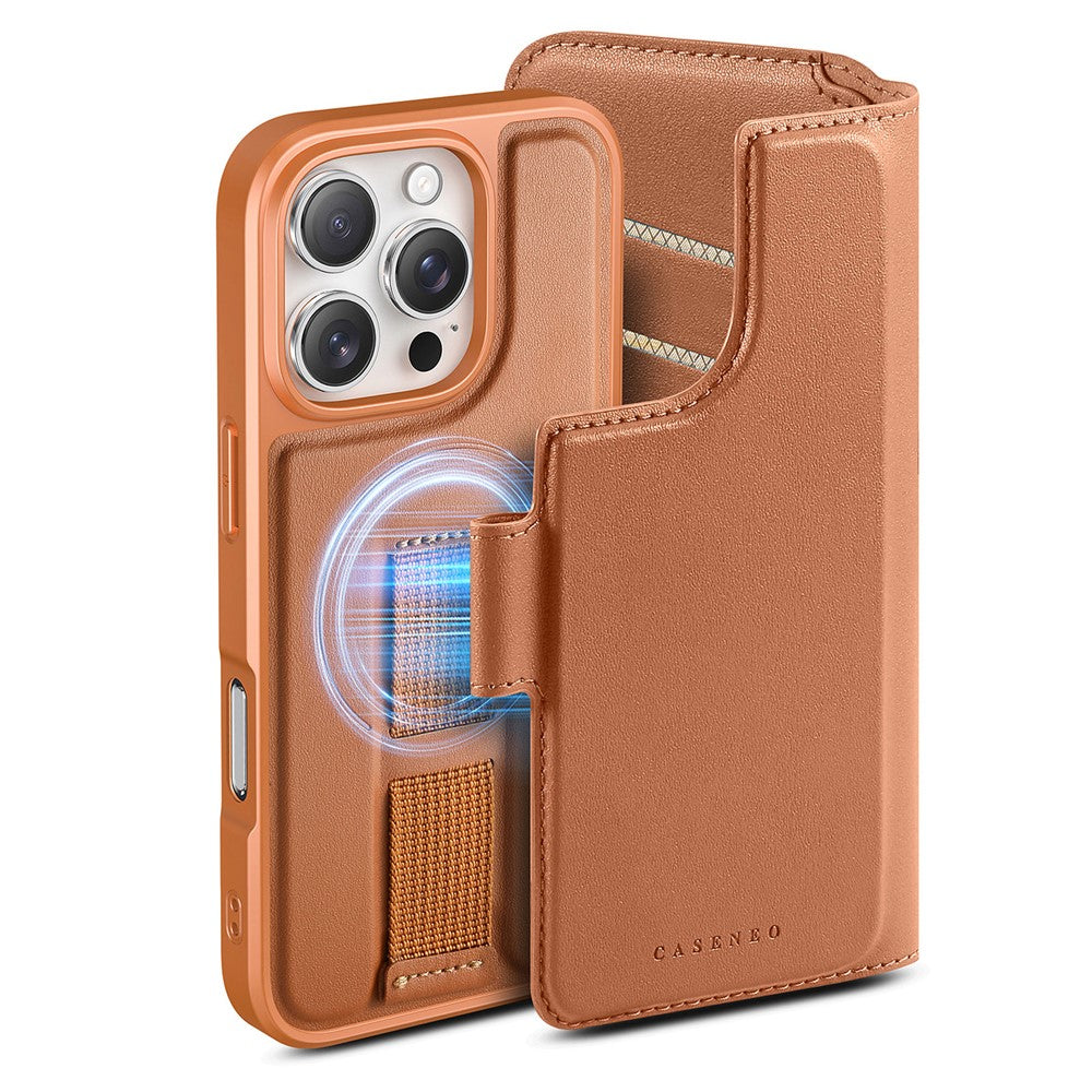 CASENEO For iPhone 16 Pro Max Magnetic Case RFID Blocking Wallet Detachable Leather Phone Cover with Wristband