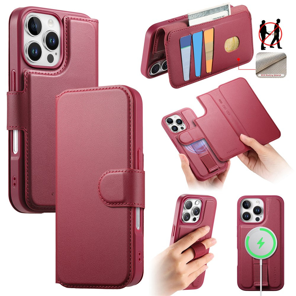 CASENEO For iPhone 16 Pro Max Magnetic Case RFID Blocking Wallet Detachable Leather Phone Cover with Wristband
