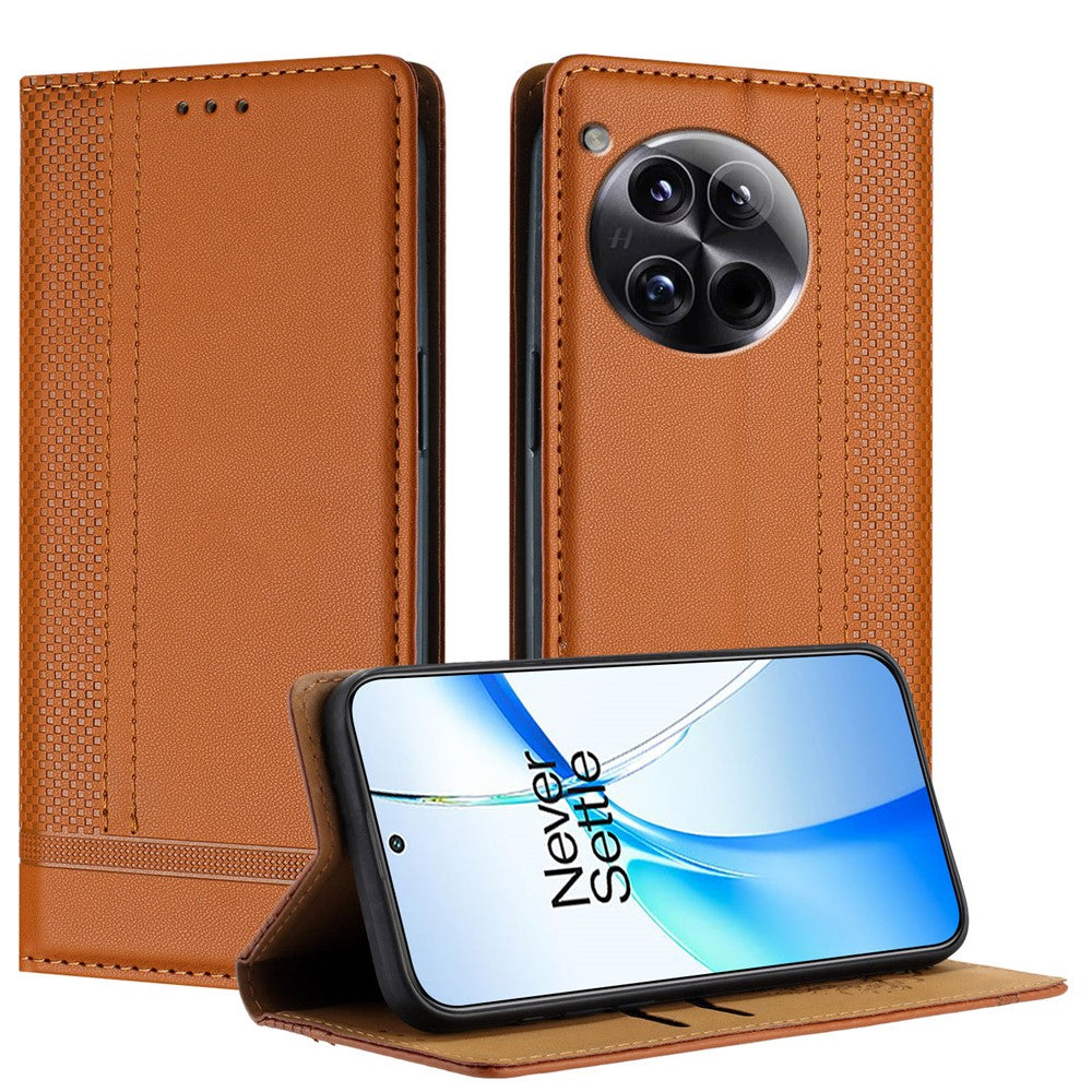 For OnePlus 12 5G Case L-Shaped Grid Pattern Leather Stand Phone Cover with Card Slots
