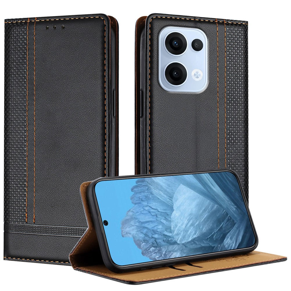 For Oppo Reno13 5G (Global) Case L-Shaped Grid Pattern Leather Stand Phone Cover with Card Slots