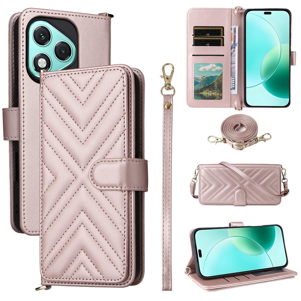For Honor 400 Lite 5G Wallet Case with Shoulder / Wrist Strap Leather Phone Cover Stand