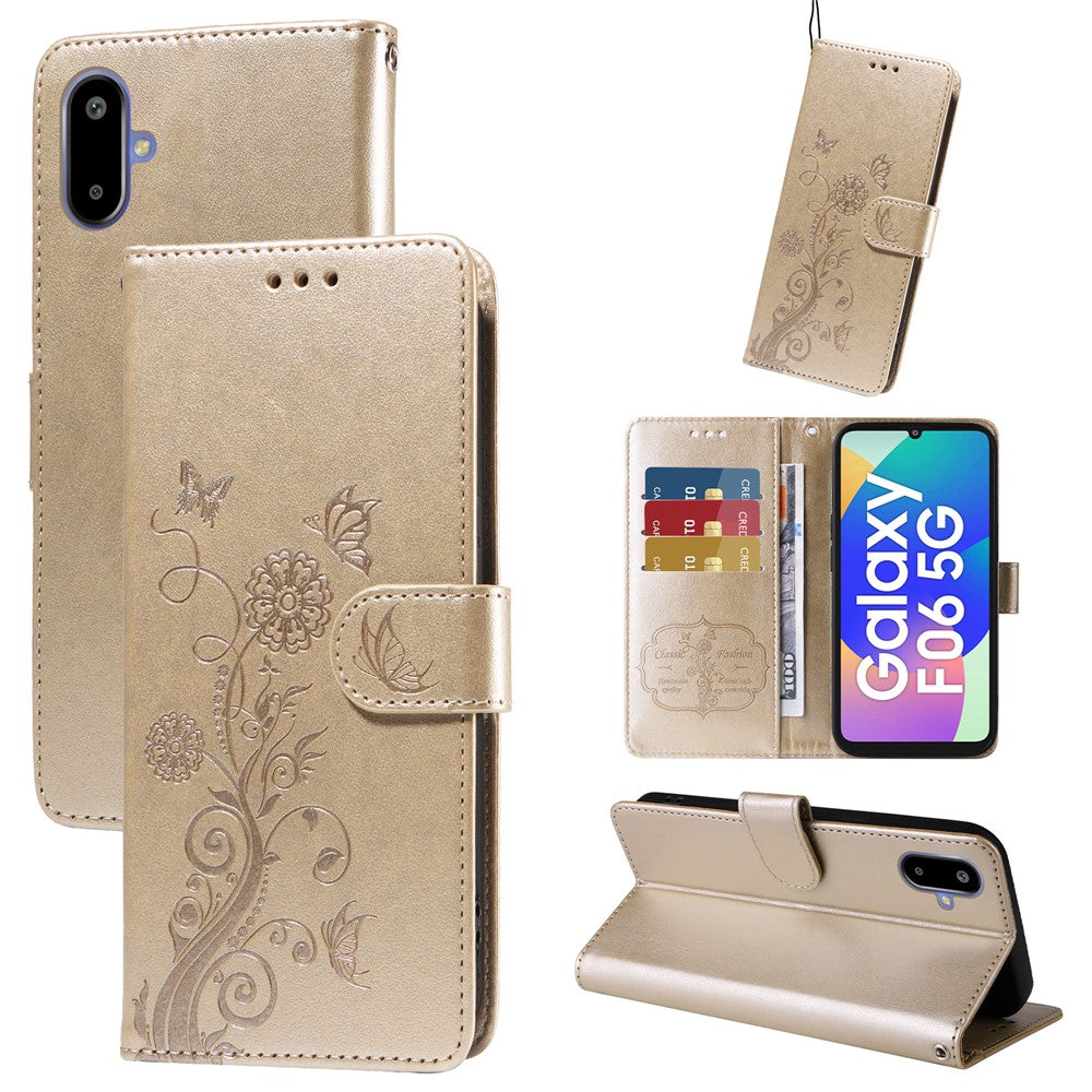 Til Samsung Galaxy F06 5G Læder Cover Sommerfugle Blomsterpræg Tegnebogs Stand Cover