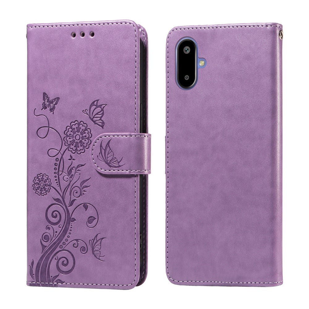 Til Samsung Galaxy F06 5G Læder Cover Sommerfugle Blomsterpræg Tegnebogs Stand Cover