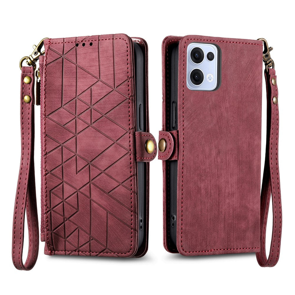 For Oppo Reno13 5G (Global) Zipper Wallet Case Geometry Lines Leather Phone Cover with Strap