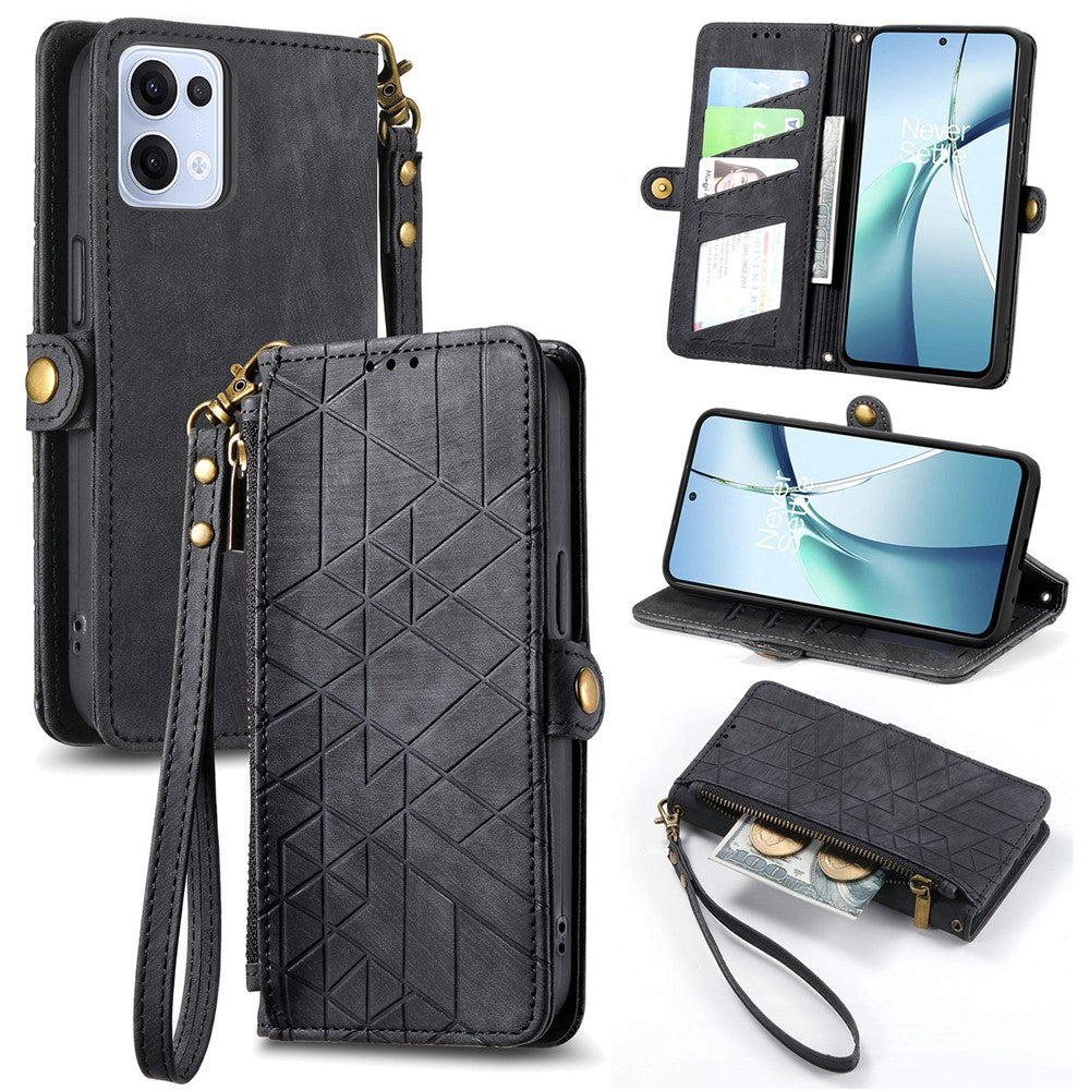 For Oppo Reno13 5G (Global) Zipper Wallet Case Geometry Lines Leather Phone Cover with Strap