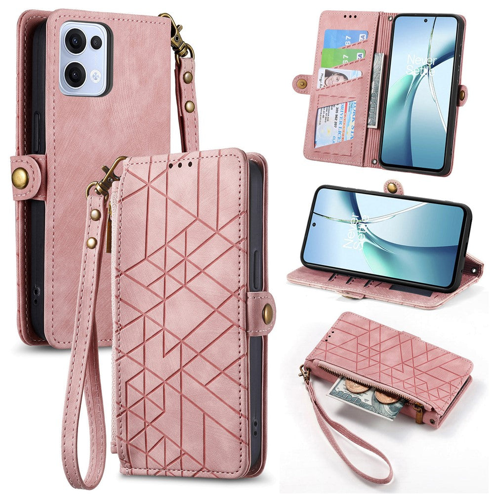 For Oppo Reno13 5G (Global) Zipper Wallet Case Geometry Lines Leather Phone Cover with Strap