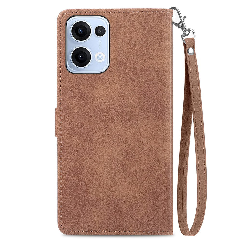 For Oppo Reno13 5G (Global) Zipper Wallet Case with Strap Flower Imprint PU Leather Phone Cover