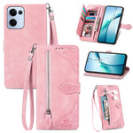 For Oppo Reno13 5G (Global) Zipper Wallet Case with Strap Flower Imprint PU Leather Phone Cover