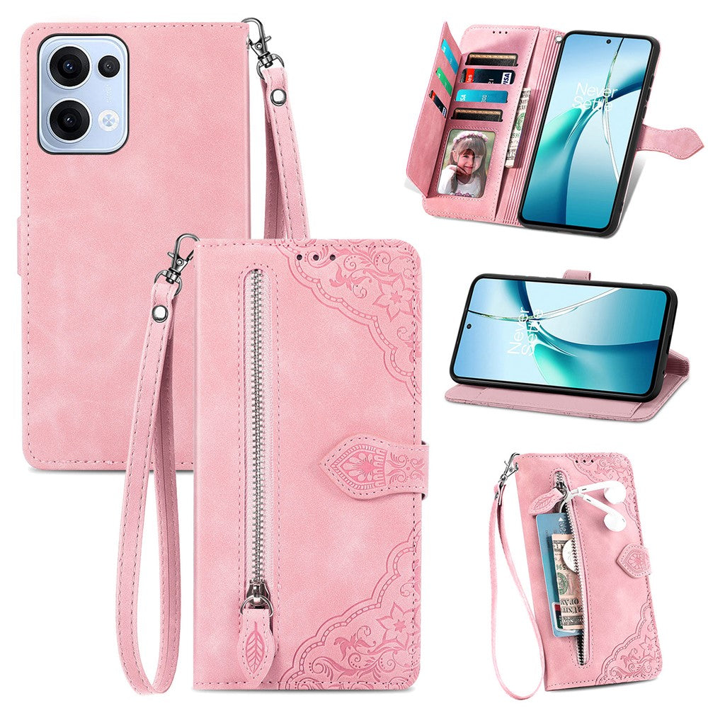 For Oppo Reno13 5G (Global) Zipper Wallet Case with Strap Flower Imprint PU Leather Phone Cover