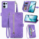 For Oppo Reno13 5G (Global) Zipper Wallet Case with Strap Flower Imprint PU Leather Phone Cover