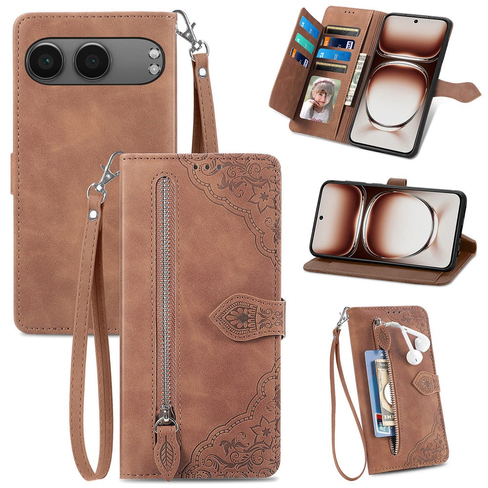 For OnePlus Nord 4 Zipper Wallet Case with Strap Flower Imprint PU Leather Phone Cover