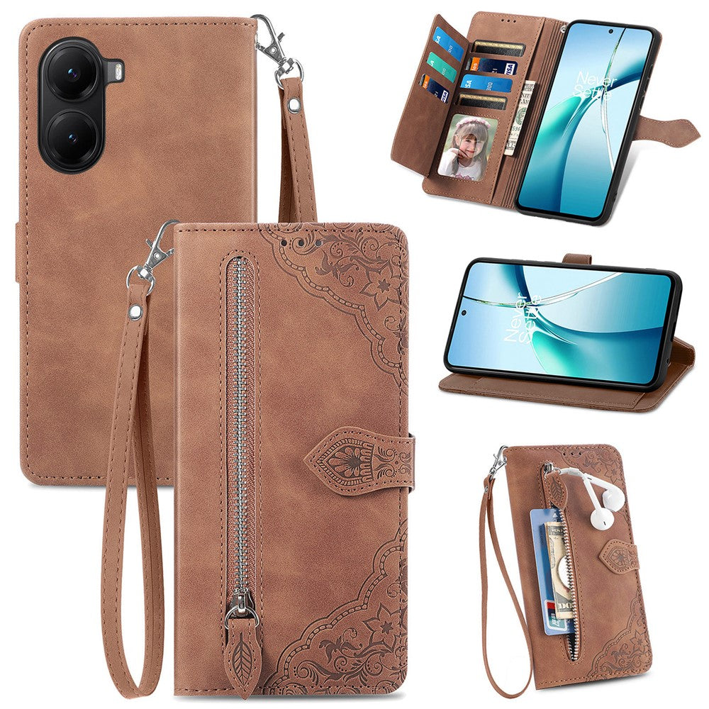 For Xiaomi Poco X7 Pro 5G Zipper Wallet Case with Strap Flower Imprint PU Leather Phone Cover