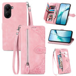 For Xiaomi Poco X7 Pro 5G Zipper Wallet Case with Strap Flower Imprint PU Leather Phone Cover