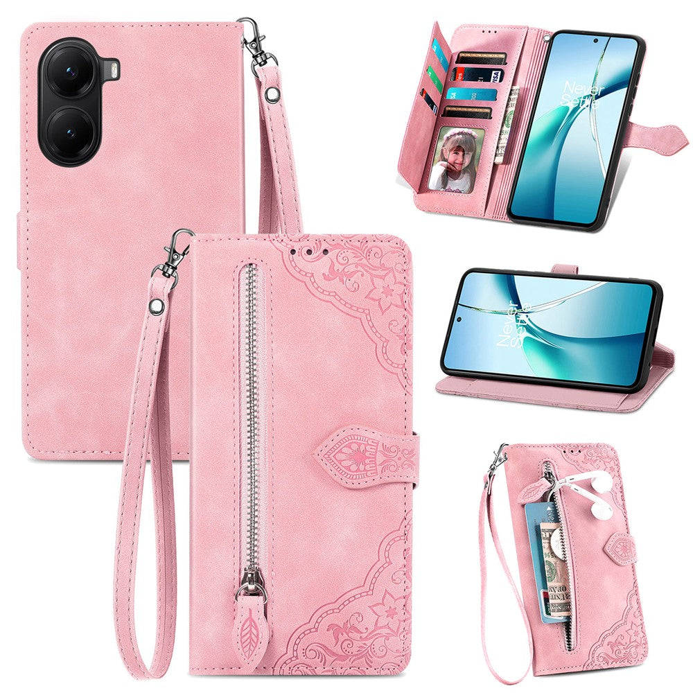 For Xiaomi Poco X7 Pro 5G Zipper Wallet Case with Strap Flower Imprint PU Leather Phone Cover