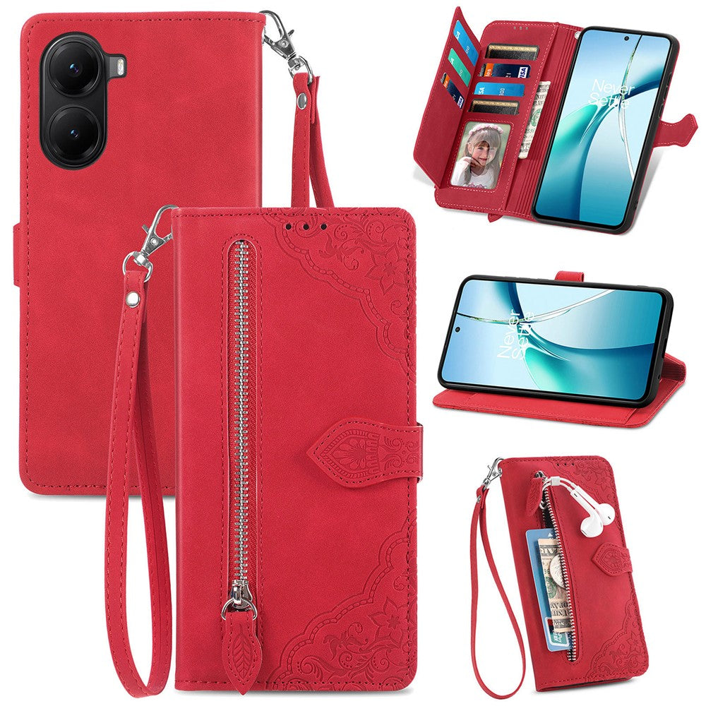 For Xiaomi Poco X7 Pro 5G Zipper Wallet Case with Strap Flower Imprint PU Leather Phone Cover